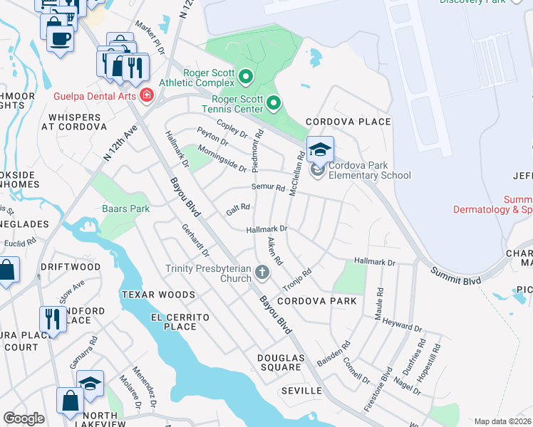 map of restaurants, bars, coffee shops, grocery stores, and more near 4141 Aiken Road in Pensacola