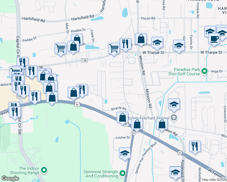 map of restaurants, bars, coffee shops, grocery stores, and more near 3212 Dian Road in Tallahassee