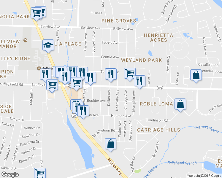map of restaurants, bars, coffee shops, grocery stores, and more near 3021 West Michigan Avenue in Pensacola