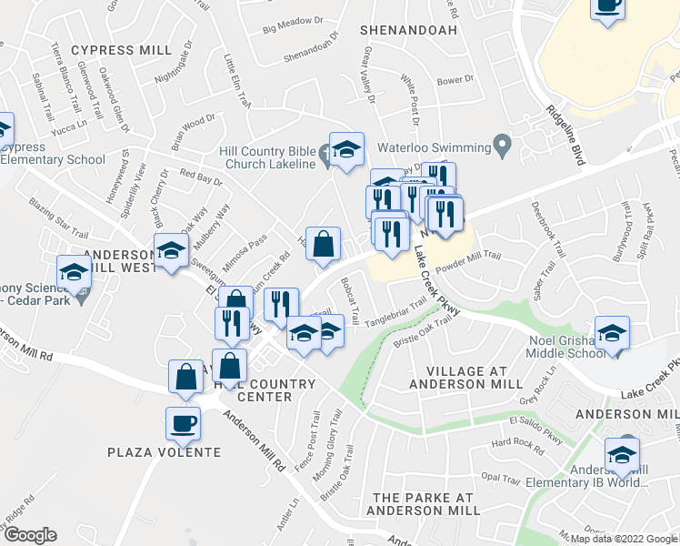 map of restaurants, bars, coffee shops, grocery stores, and more near 11608 Quarter Horse Trail in Austin