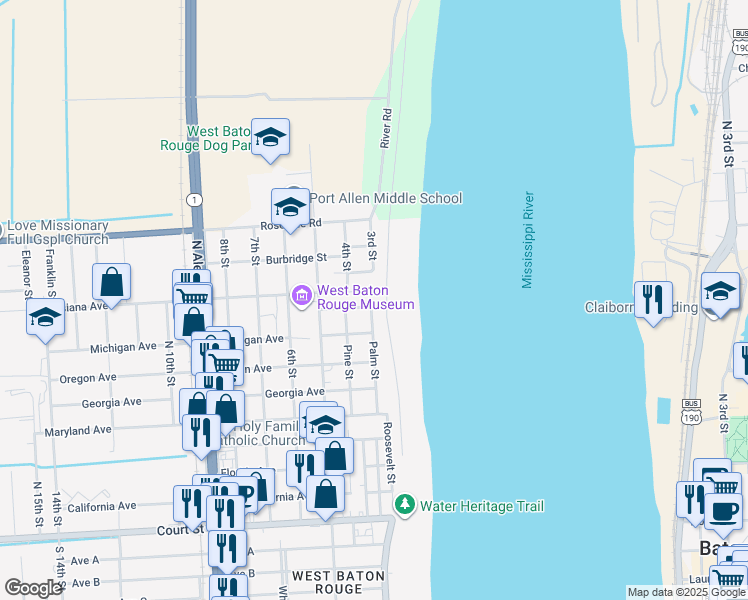 map of restaurants, bars, coffee shops, grocery stores, and more near 440 Palm Street in Port Allen