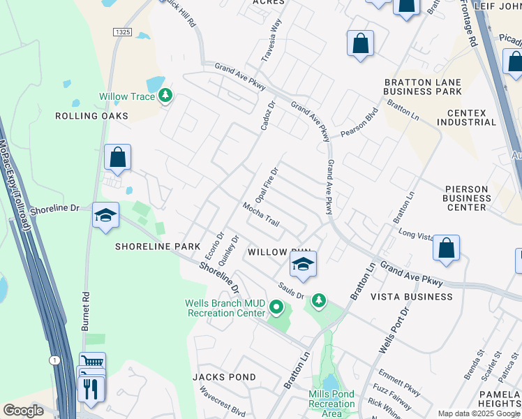 map of restaurants, bars, coffee shops, grocery stores, and more near 3608 Mocha Trail in Austin