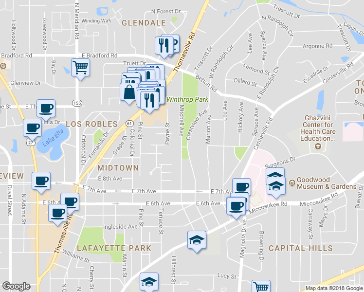 map of restaurants, bars, coffee shops, grocery stores, and more near 1501 Mitchell Avenue in Tallahassee