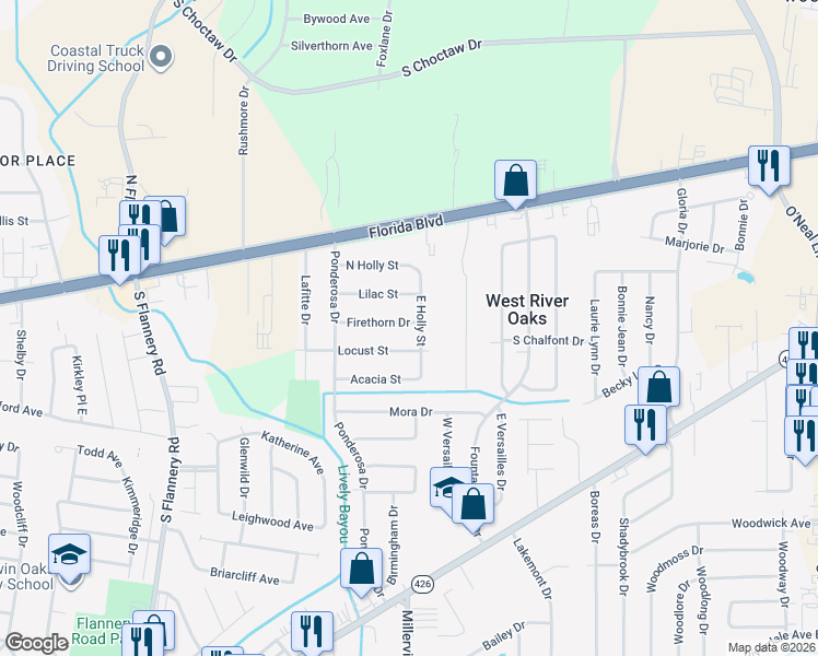 map of restaurants, bars, coffee shops, grocery stores, and more near 14466 Firethorn Drive in Baton Rouge