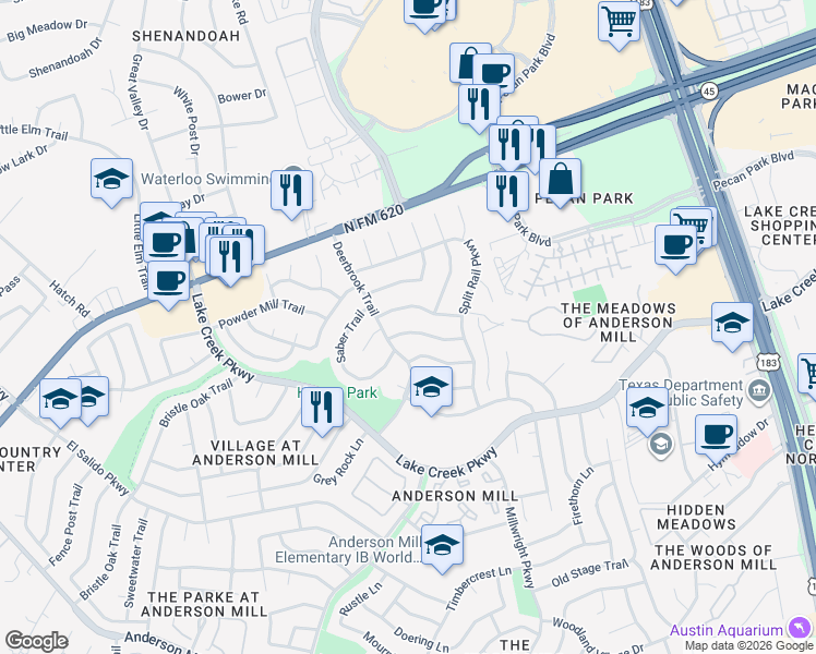 map of restaurants, bars, coffee shops, grocery stores, and more near 11000 Rustic Manor Lane in Austin