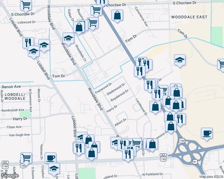 map of restaurants, bars, coffee shops, grocery stores, and more near 8171 Gladewood Drive in Baton Rouge