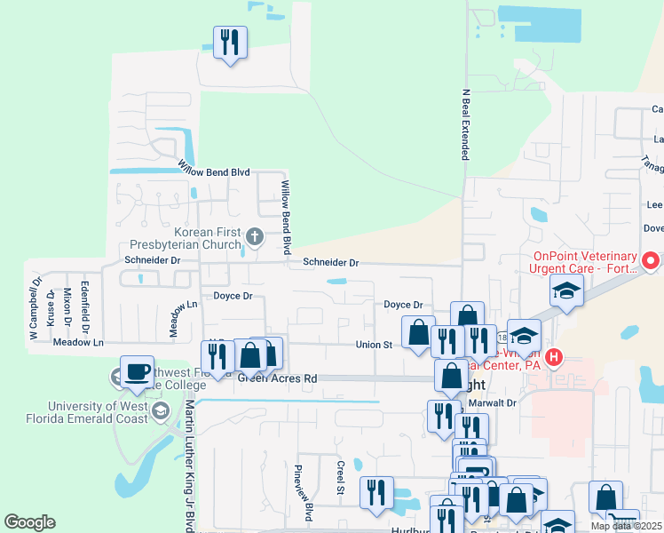 map of restaurants, bars, coffee shops, grocery stores, and more near 368 Schneider Drive in Fort Walton Beach