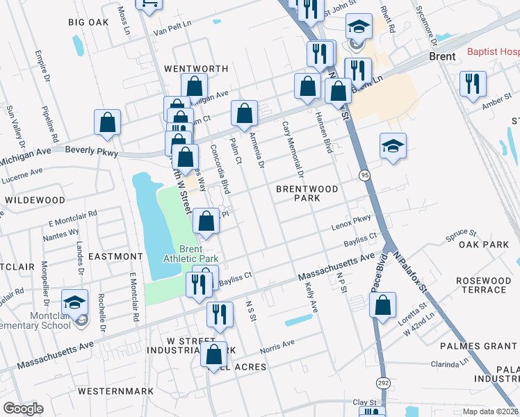 map of restaurants, bars, coffee shops, grocery stores, and more near 412 Palm Court in Pensacola