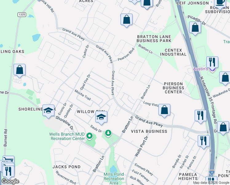 map of restaurants, bars, coffee shops, grocery stores, and more near 3203 Brillen Stone Lane in Austin