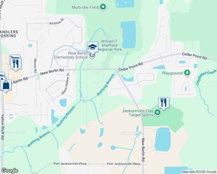 map of restaurants, bars, coffee shops, grocery stores, and more near 12324 Water Tupelo Road in Jacksonville
