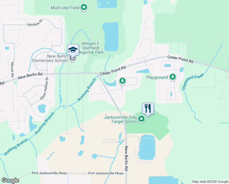 map of restaurants, bars, coffee shops, grocery stores, and more near 3804 Ringneck Drive in Jacksonville