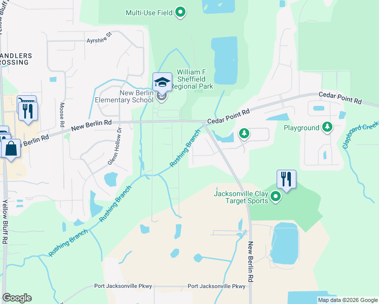 map of restaurants, bars, coffee shops, grocery stores, and more near 12263 Rouen Cove Drive in Jacksonville