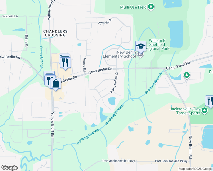 map of restaurants, bars, coffee shops, grocery stores, and more near 3331 Hickory Leaf Court in Jacksonville