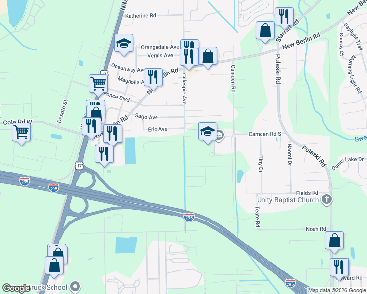 map of restaurants, bars, coffee shops, grocery stores, and more near 12427-12497 Gillespie Avenue in Jacksonville