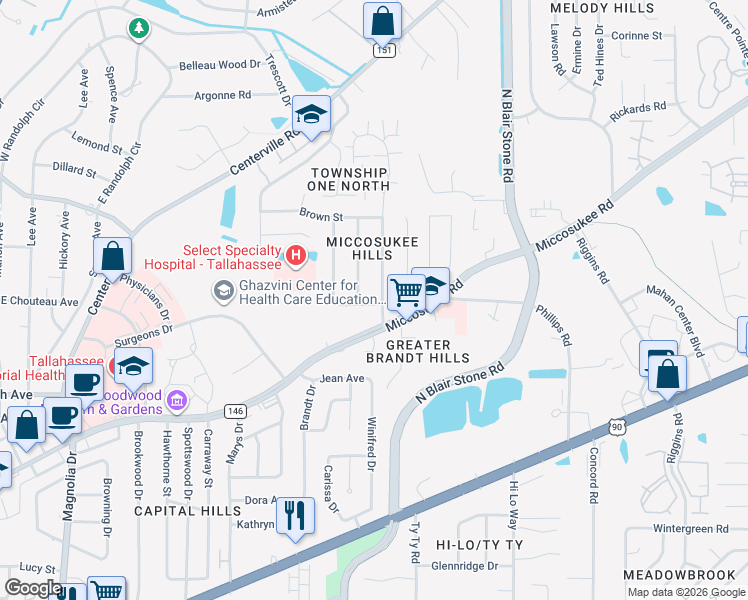 map of restaurants, bars, coffee shops, grocery stores, and more near 1505 Coombs Drive in Tallahassee