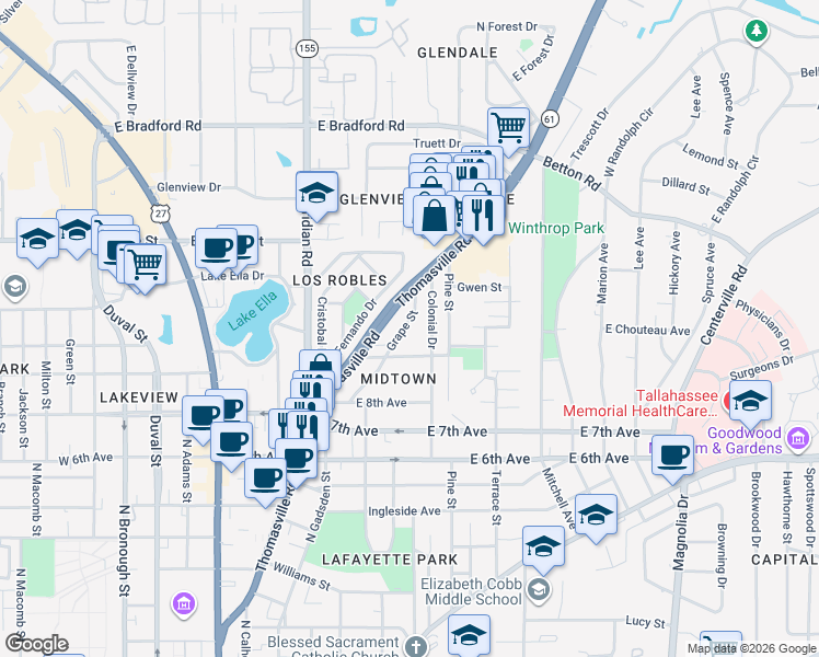 map of restaurants, bars, coffee shops, grocery stores, and more near 1531 Grape Street in Tallahassee