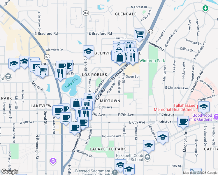 map of restaurants, bars, coffee shops, grocery stores, and more near 1522 Grape Street in Tallahassee