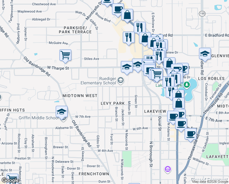 map of restaurants, bars, coffee shops, grocery stores, and more near 1616 Branch Street in Tallahassee