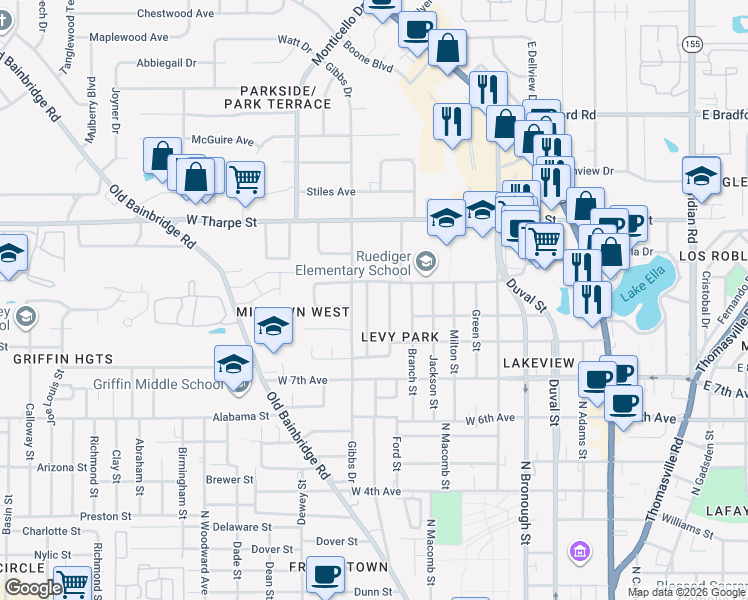 map of restaurants, bars, coffee shops, grocery stores, and more near 1545 Yancey Street in Tallahassee