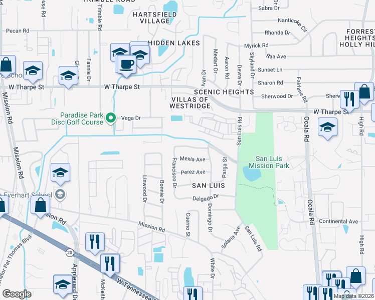 map of restaurants, bars, coffee shops, grocery stores, and more near 2410 Mexia Avenue in Tallahassee