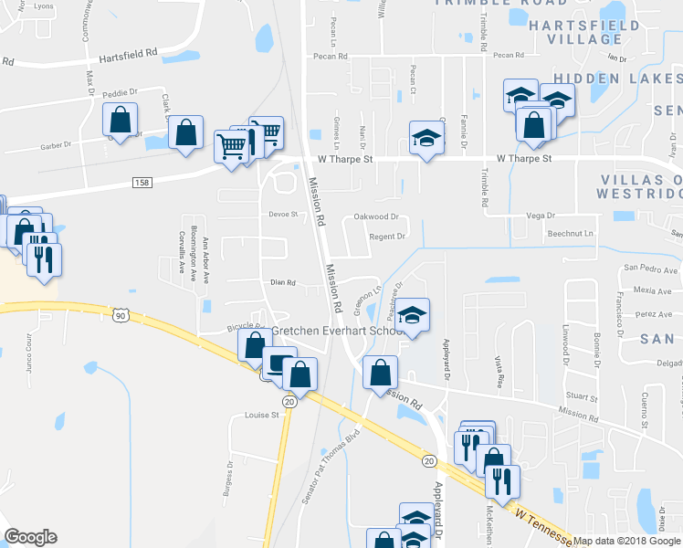 map of restaurants, bars, coffee shops, grocery stores, and more near 2919 Greenon Lane in Tallahassee