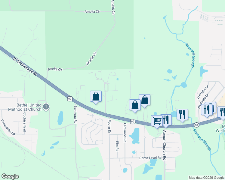 map of restaurants, bars, coffee shops, grocery stores, and more near 7499 Messer Court in Tallahassee