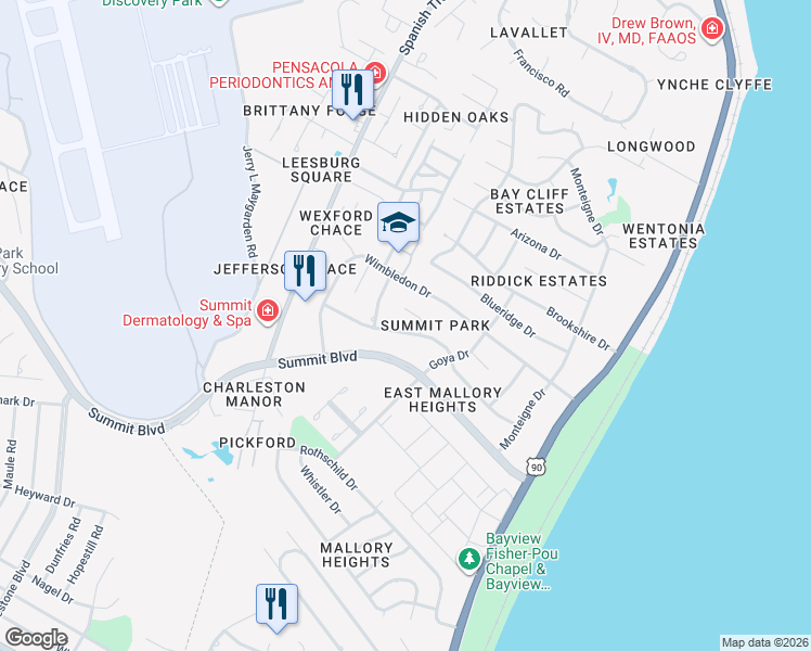 map of restaurants, bars, coffee shops, grocery stores, and more near 3530 Marjean Drive in Pensacola