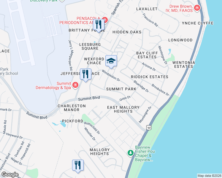map of restaurants, bars, coffee shops, grocery stores, and more near 3530 Marjean Drive in Pensacola