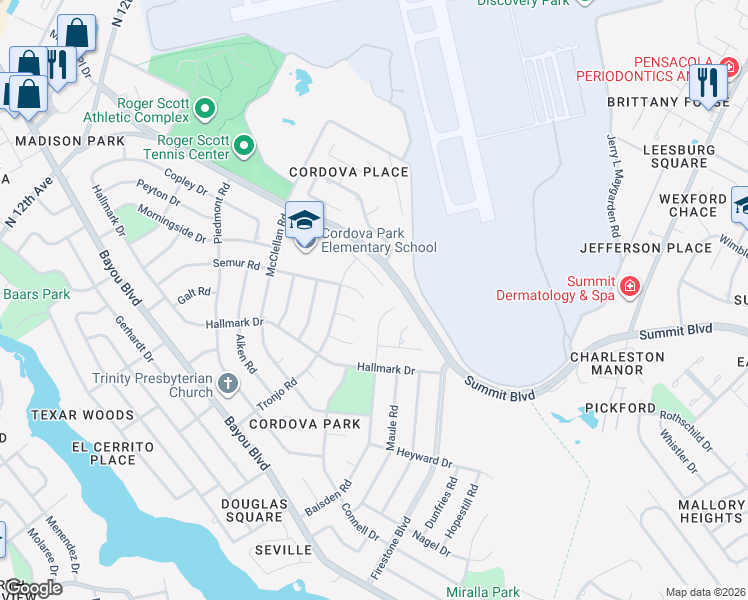 map of restaurants, bars, coffee shops, grocery stores, and more near 2474 Semur Road in Pensacola