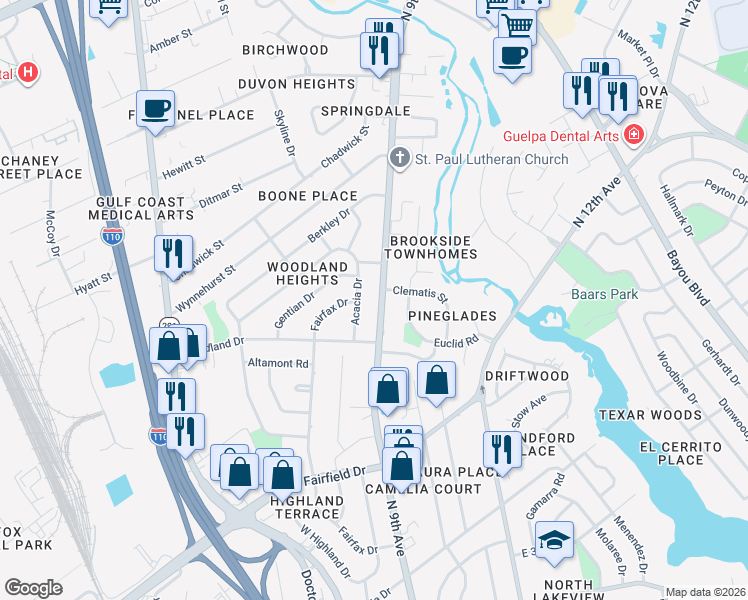 map of restaurants, bars, coffee shops, grocery stores, and more near 4300 North 9th Avenue in Pensacola