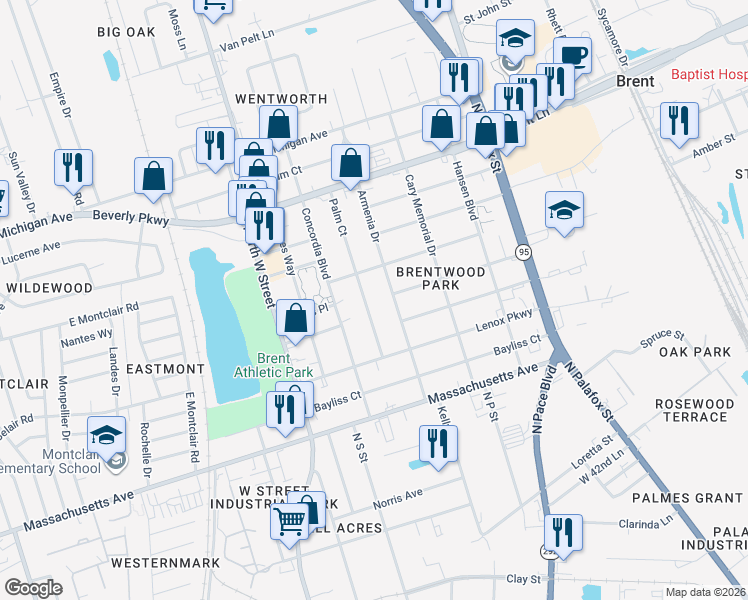 map of restaurants, bars, coffee shops, grocery stores, and more near 412 Palm Court in Pensacola
