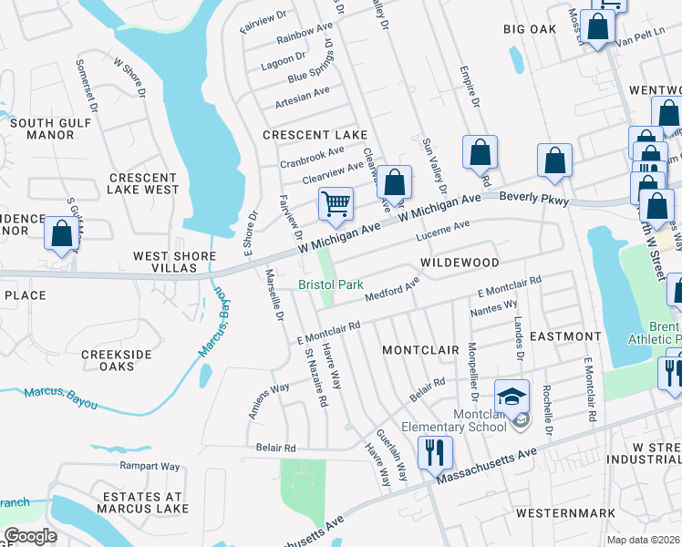 map of restaurants, bars, coffee shops, grocery stores, and more near 5200 Bristol Avenue in Pensacola