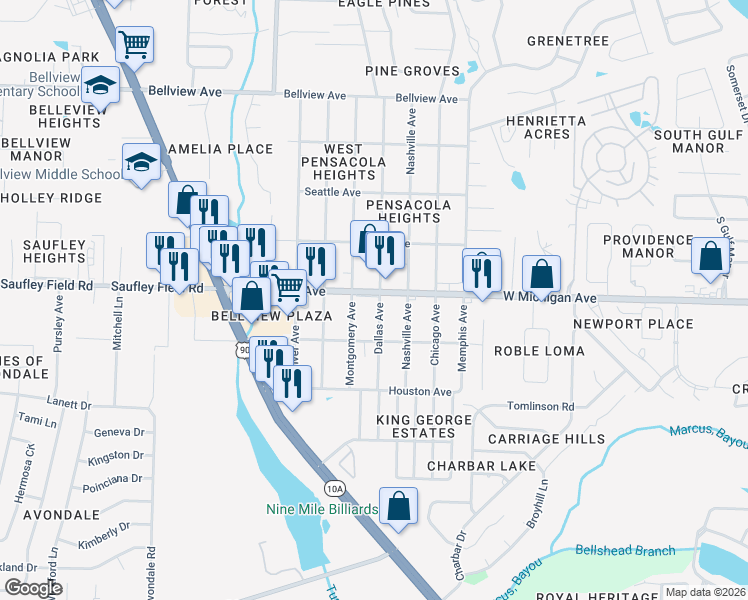 map of restaurants, bars, coffee shops, grocery stores, and more near 3021 West Michigan Avenue in Pensacola
