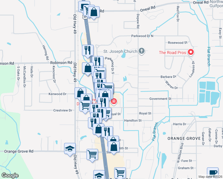 map of restaurants, bars, coffee shops, grocery stores, and more near 15710 Parkwood Dr S in Gulfport