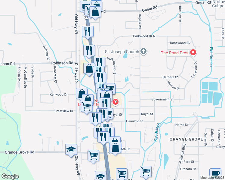 map of restaurants, bars, coffee shops, grocery stores, and more near 15710 Parkwood Dr S in Gulfport