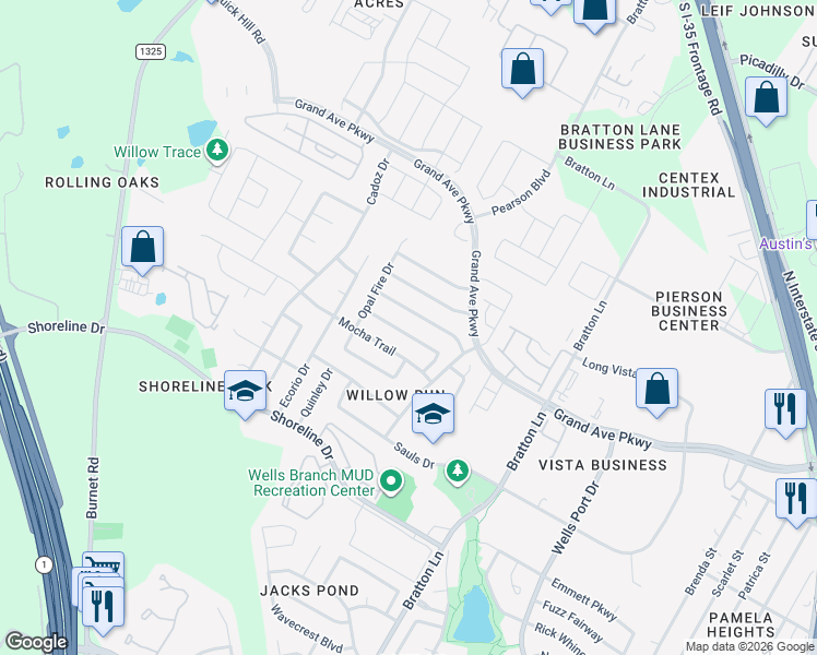 map of restaurants, bars, coffee shops, grocery stores, and more near 3505 Texas Topaz in Austin