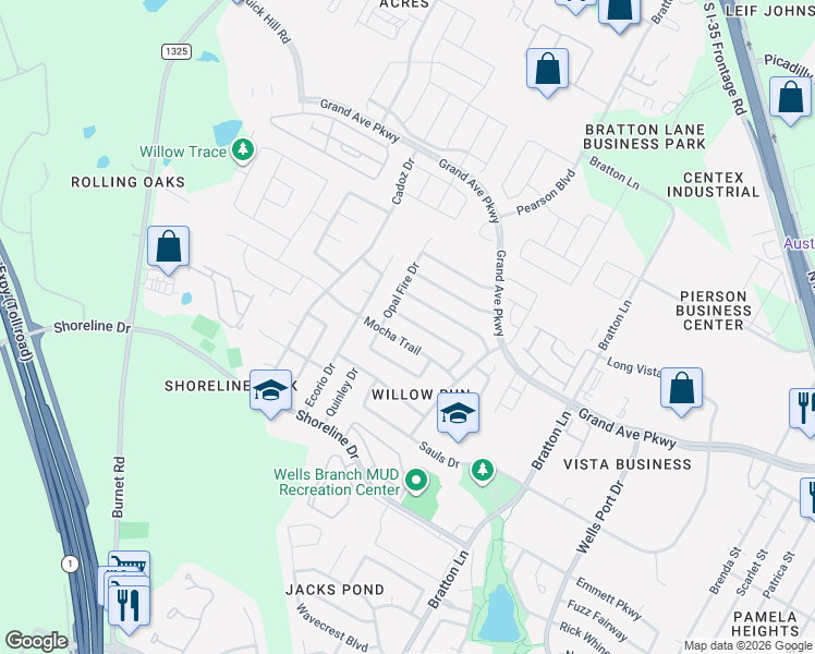 map of restaurants, bars, coffee shops, grocery stores, and more near 3608 Mocha Trail in Austin