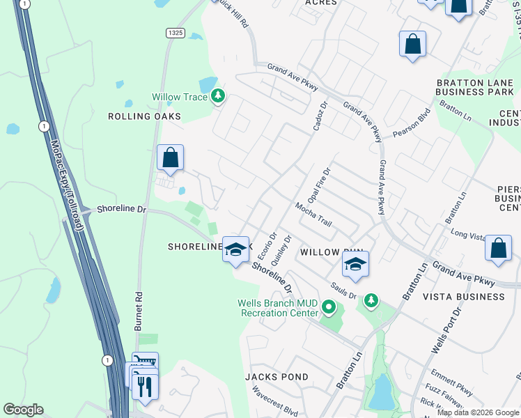 map of restaurants, bars, coffee shops, grocery stores, and more near 15504 Ozone Place in Austin