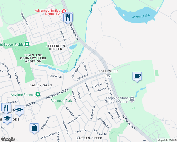 map of restaurants, bars, coffee shops, grocery stores, and more near 8304 Dulac Drive in Austin