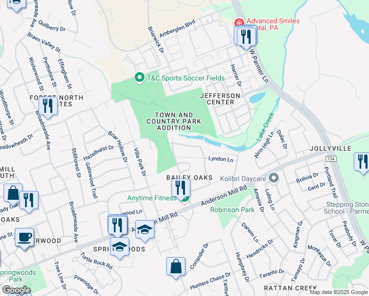 map of restaurants, bars, coffee shops, grocery stores, and more near 13348 Water Oak Lane in Austin
