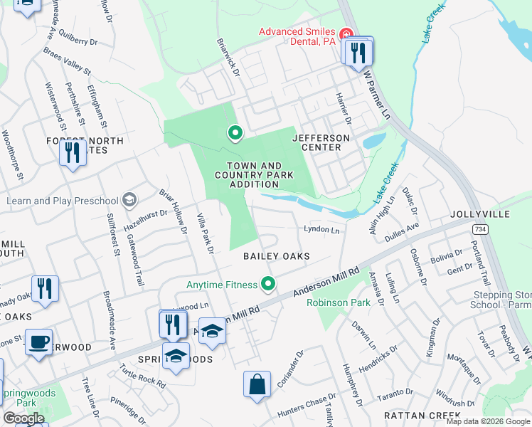 map of restaurants, bars, coffee shops, grocery stores, and more near 13348 Water Oak Lane in Austin