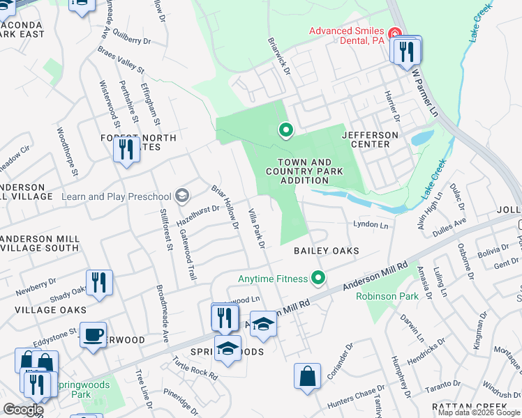 map of restaurants, bars, coffee shops, grocery stores, and more near 13300 Villa Park Drive in Austin