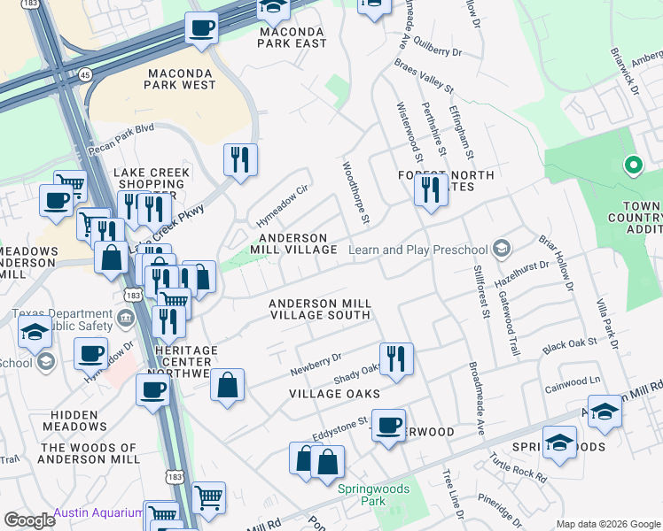 map of restaurants, bars, coffee shops, grocery stores, and more near 9627 Meadowheath Drive in Austin