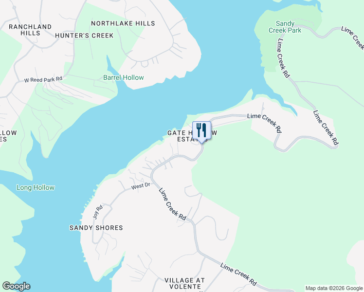map of restaurants, bars, coffee shops, grocery stores, and more near 8512 Lime Creek Road in Volente