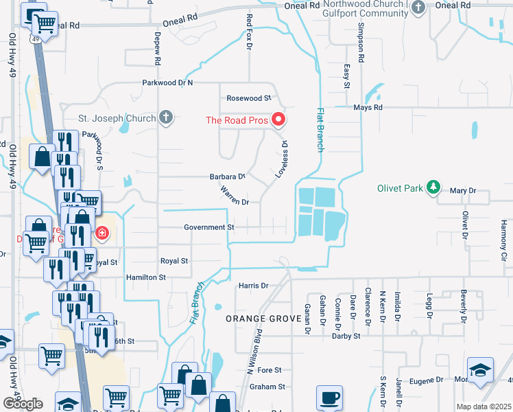 map of restaurants, bars, coffee shops, grocery stores, and more near 15065 Warren Drive in Gulfport