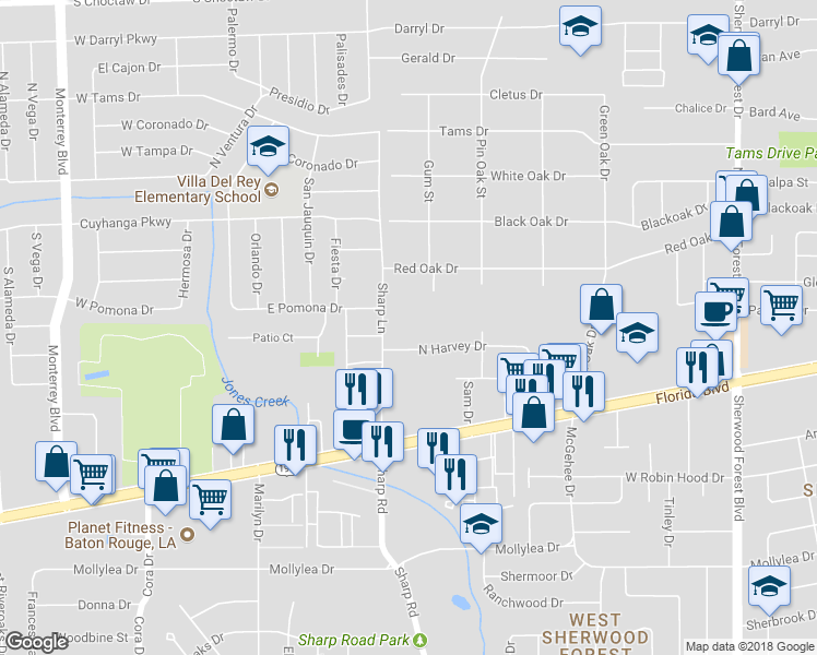 map of restaurants, bars, coffee shops, grocery stores, and more near 1222 Sharp Lane in Baton Rouge