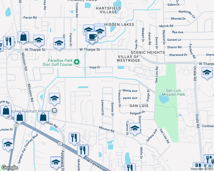 map of restaurants, bars, coffee shops, grocery stores, and more near 2506 Waldemar Lane in Tallahassee