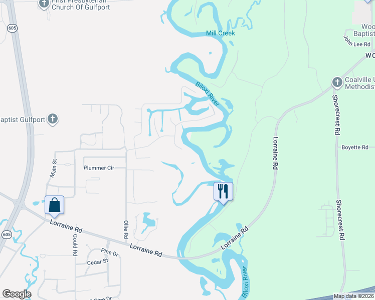 map of restaurants, bars, coffee shops, grocery stores, and more near 10415 Riverroad Drive in Gulfport