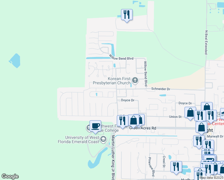map of restaurants, bars, coffee shops, grocery stores, and more near 1943 Patrician Way in Fort Walton Beach