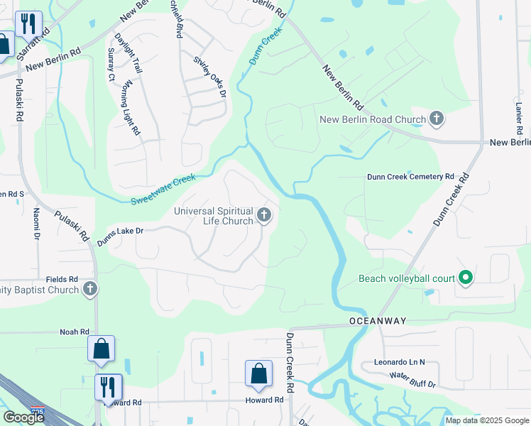 map of restaurants, bars, coffee shops, grocery stores, and more near 1586 Dunns Lake Drive East in Jacksonville